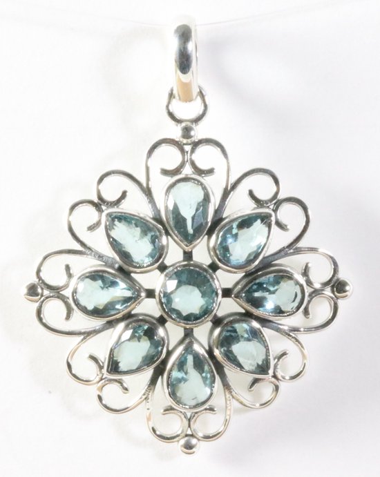Opengewerkte zilveren hanger met blauwe topaas afbeelding 1