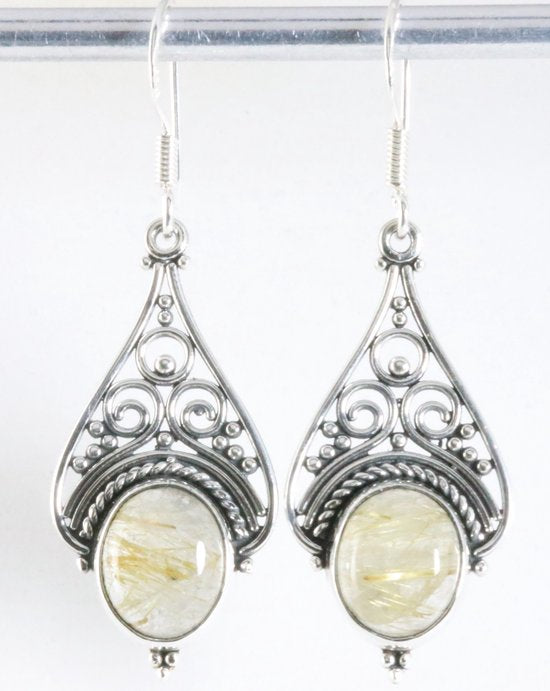 Lange opengewerkte zilveren oorbellen met gouden rutielkwarts afbeelding 1