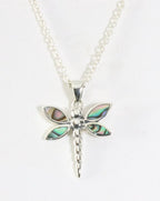 Fijne zilveren libelle hanger met abalone schelp aan ketting afbeelding 1