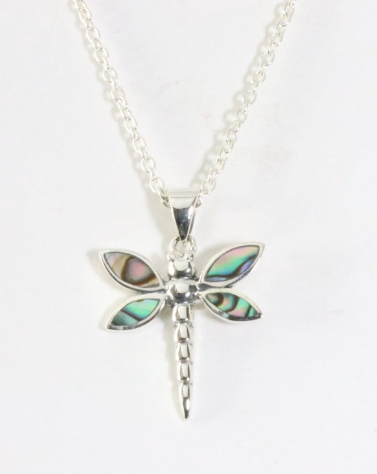 Fijne zilveren libelle hanger met abalone schelp aan ketting afbeelding 1