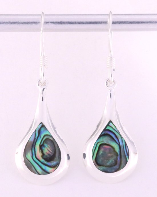 Druppelvormige zilveren oorbellen met abalone schelp afbeelding 1