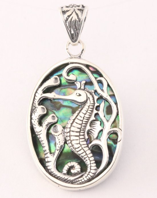 Ovale zilveren hanger met zeepaardje op abalone schelp afbeelding 1
