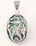 Ovale zilveren hanger met zeepaardje op abalone schelp afbeelding 1