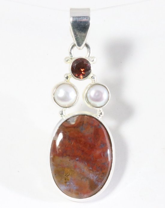 Zilveren hanger met Marokkaanse sesam agaat, granaat en parel afbeelding 5