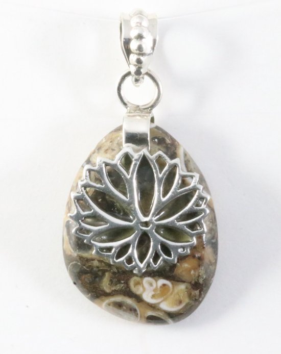 Zilveren hanger met lotus bloem op turitella agaat afbeelding 1