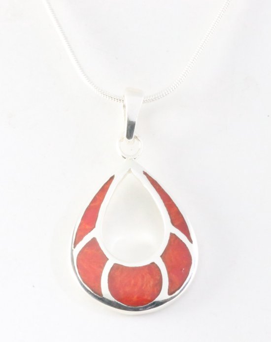 Opengewerkte druppelvormige zilveren hanger met rode koraal steen aan ketting afbeelding 1