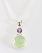 Zilveren hanger met prehniet en amethist aan ketting afbeelding 1