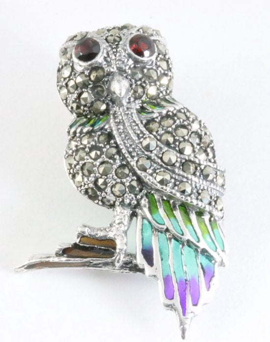 Zilveren uil broche met marcasiet, emaille en granaat afbeelding 1
