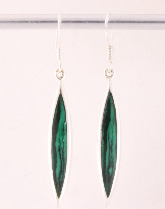 Lange fijne zilveren oorbellen met malachiet afbeelding 1