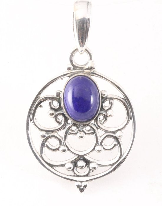 Ronde opengewerkte zilveren hanger met lapis lazuli afbeelding 1