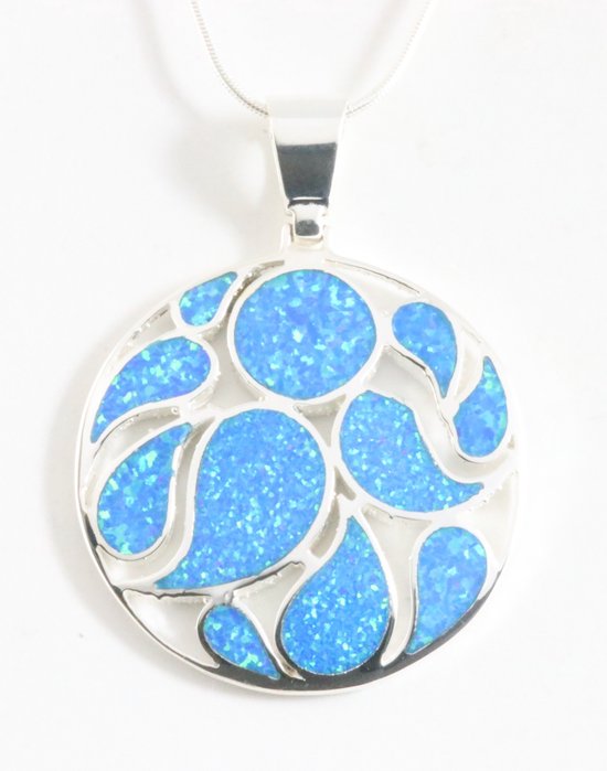 Ronde opengewerkte zilveren hanger met Australische opaal aan ketting afbeelding 1