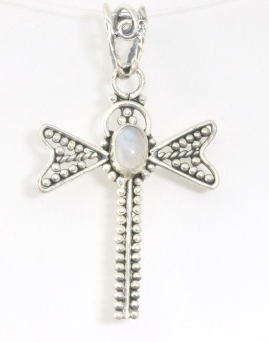 Zilveren libelle hanger met regenboog maansteen afbeelding 1