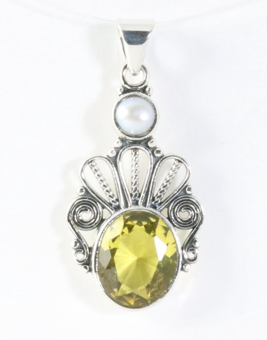 Opengewerkte zilveren hanger met citrien en parel afbeelding 1