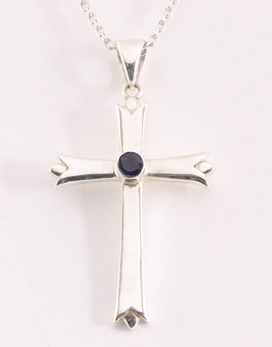 Hoogglans zilveren kruishanger met ioliet aan ketting afbeelding 1