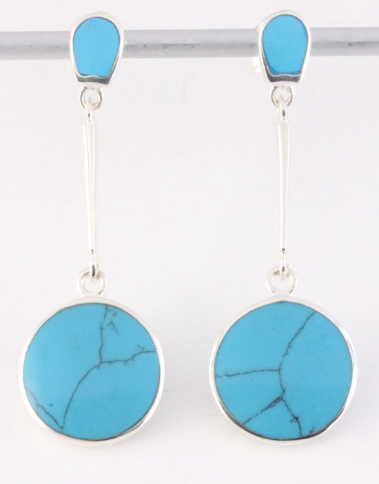 Lange ronde zilveren oorstekers met blauwe turkoois afbeelding 1