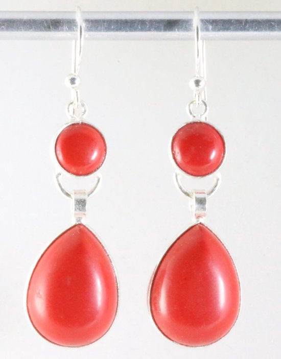 Lange zilveren oorbellen met rode koraal steen afbeelding 1