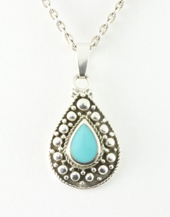 Druppelvormige zilveren hanger met groene turkoois aan ketting afbeelding 6