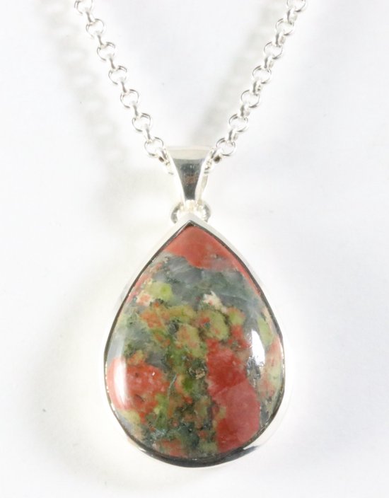 Druppelvormige hoogglans zilveren hanger met unakiet aan ketting afbeelding 1