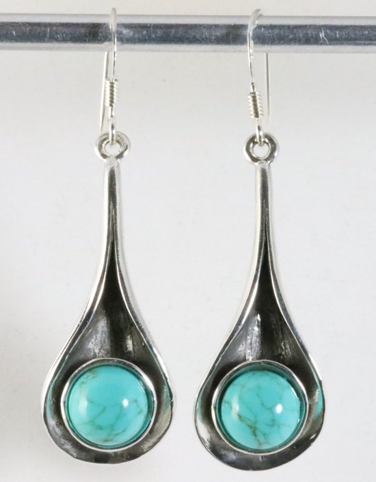 Lange druppelvormige zilveren oorbellen met turkoois afbeelding 1