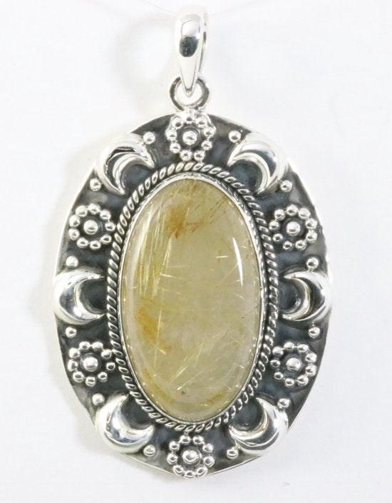 Grote bewerkte zilveren hanger met gouden rutielkwarts afbeelding 1