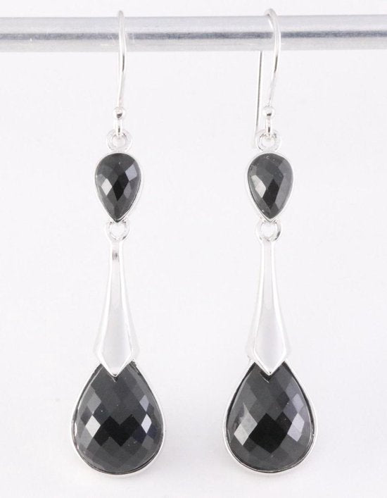 Lange zilveren oorbellen met gefacetteerde onyx afbeelding 1