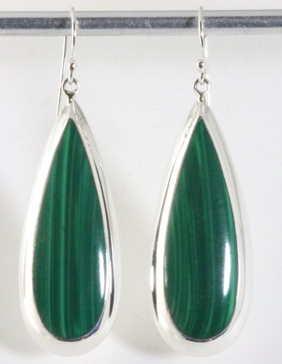 Grote druppelvormige zilveren oorbellen met malachiet afbeelding 1