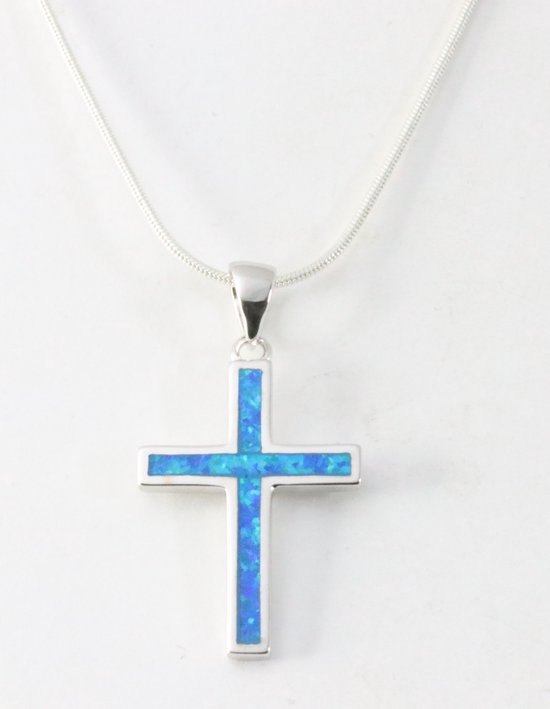 Fijne zilveren kruishanger met Australische opaal aan ketting afbeelding 1