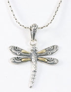 Fijne zilveren libelle hanger met 18k gouden decoraties aan ketting afbeelding 1