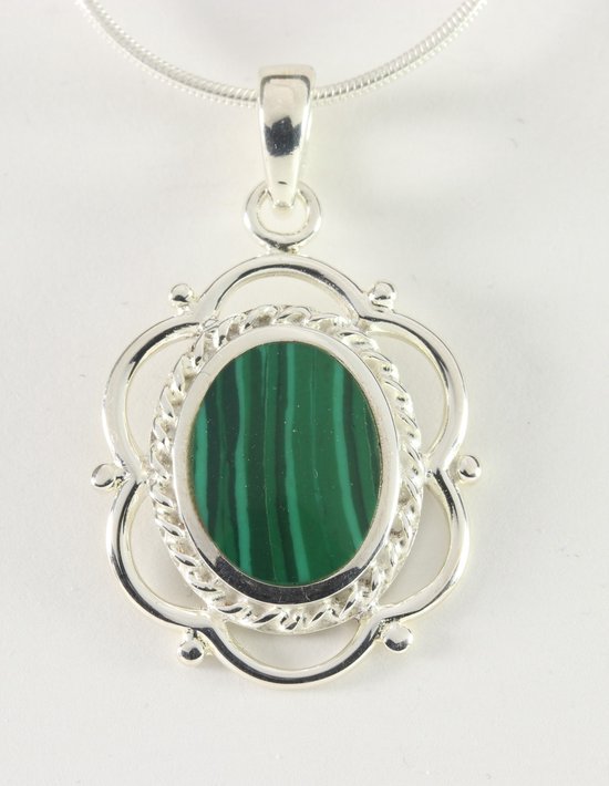Opengewerkte zilveren hanger met malachiet aan ketting afbeelding 6