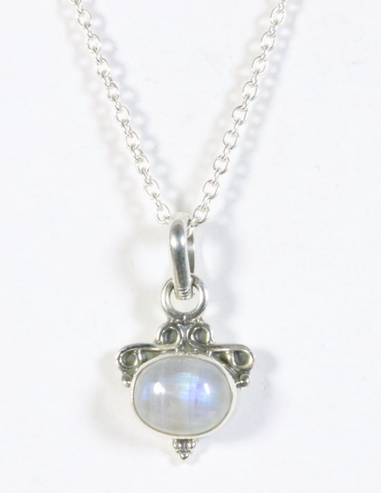 Fijne bewerkte zilveren hanger met regenboog maansteen aan ketting afbeelding 1