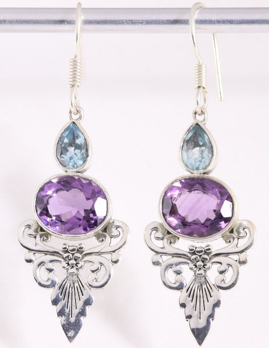 Lange zilveren oorbellen met amethist en blauwe topaas afbeelding 1