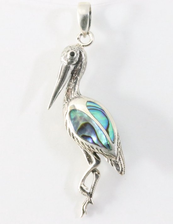 Zilveren kraanvogel hanger met abalone schelp afbeelding 1