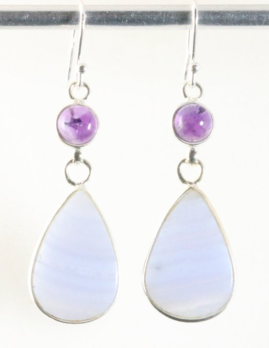 Lange zilveren oorbellen met blauwe lace agaat en amethist afbeelding 1