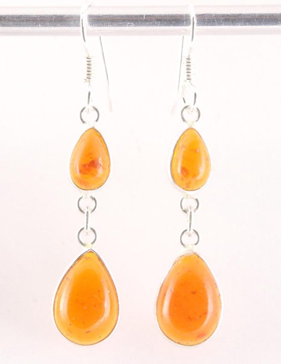 Fijne lange zilveren oorbellen met amber afbeelding 1