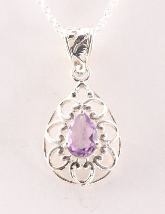 Opengewerkte druppelvormige zilveren hanger met amethist aan ketting afbeelding 1