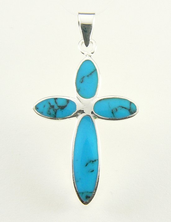 Zilveren kruishanger met blauwe turkoois afbeelding 1
