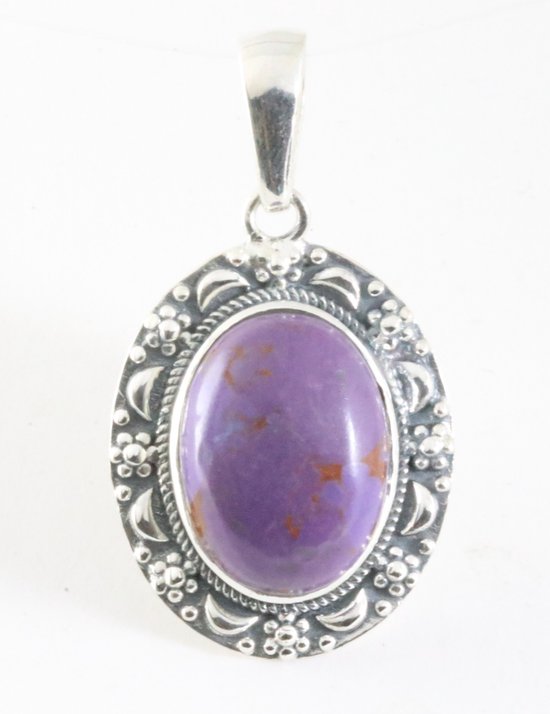 Bewerkte zilveren hanger met paarse koperturkoois afbeelding 1