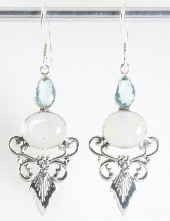 Lange zilveren oorbellen met regenboog maansteen en blauwe topaas afbeelding 1