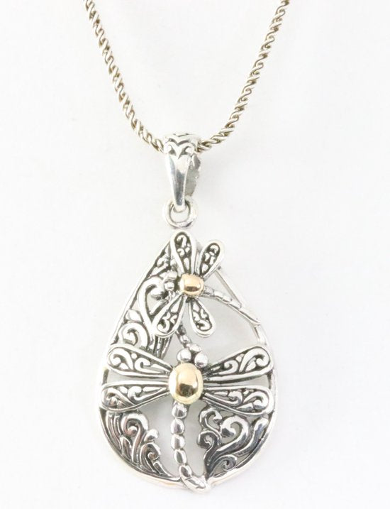 Opengewerkte zilveren hanger met libelles en 18k gouden decoratie aan ketting afbeelding 1