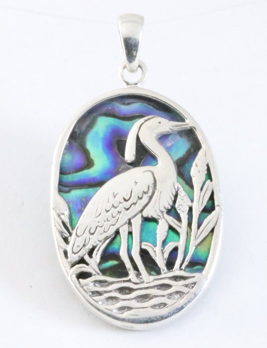 Ovale zilveren hanger met kraanvogel op abalone schelp afbeelding 1