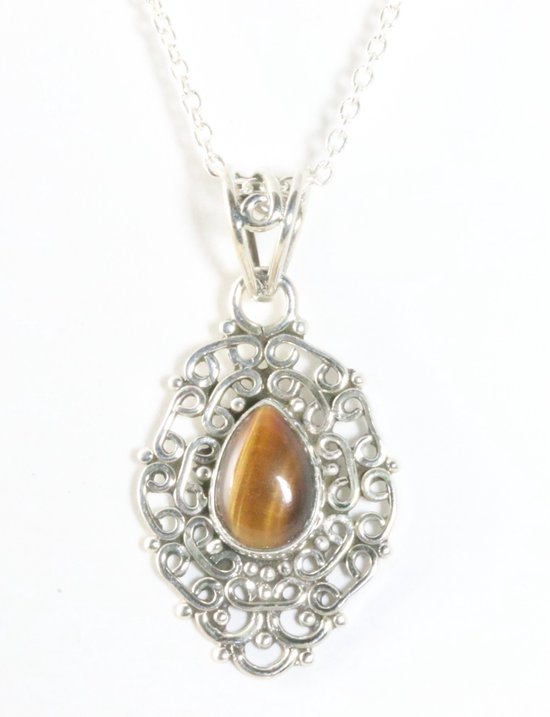 Fijne opengewerkte zilveren hanger met tijgeroog aan ketting afbeelding 1