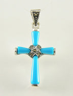 Fijne zilveren kruishanger met blauwe turkoois en marcasiet afbeelding 1