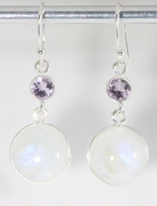 Zilveren oorbellen met regenboog maansteen en amethist afbeelding 1