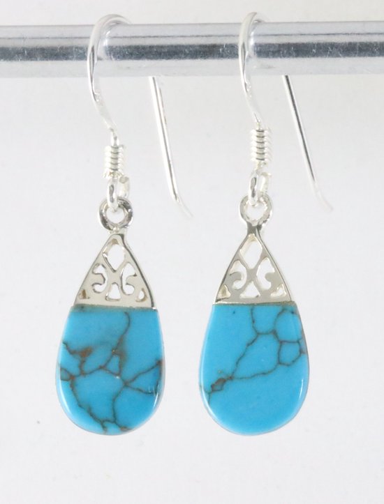 Fijne opengewerkte zilveren oorbellen met blauwe turkoois afbeelding 1