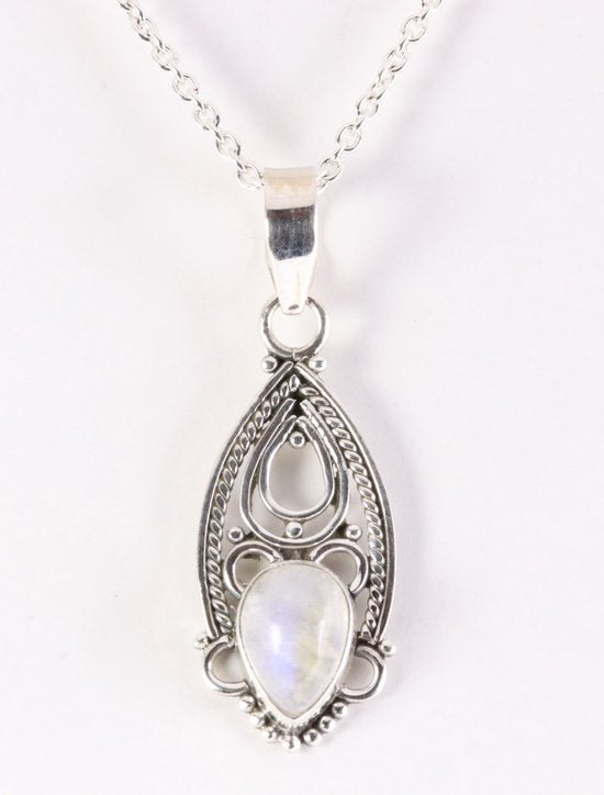 Fijne opengewerkte zilveren hanger met regenboog maansteen aan ketting afbeelding 1