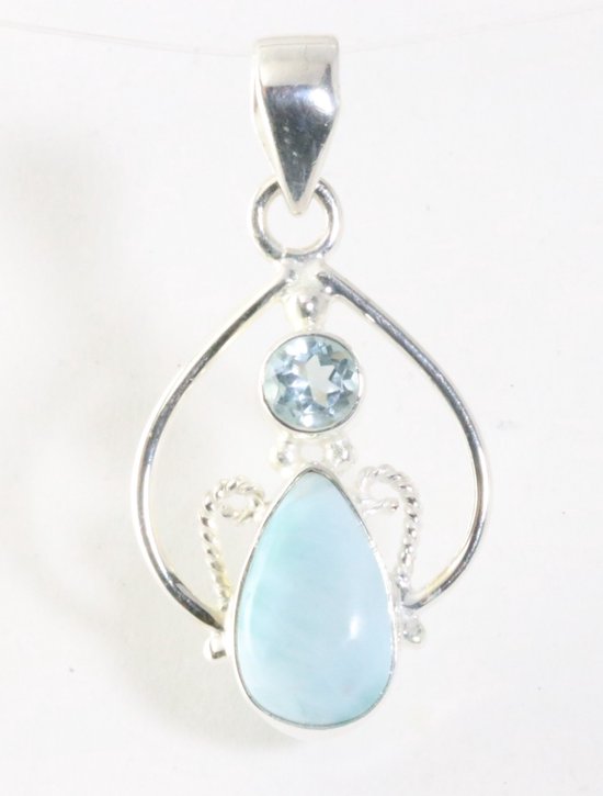 Opengewerkte zilveren hanger met larimar en blauwe topaas afbeelding 1
