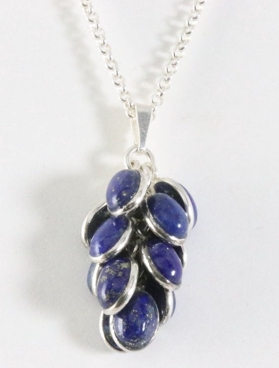 Trosvormige zilveren hanger met lapis lazuli aan jasseron ketting afbeelding 1