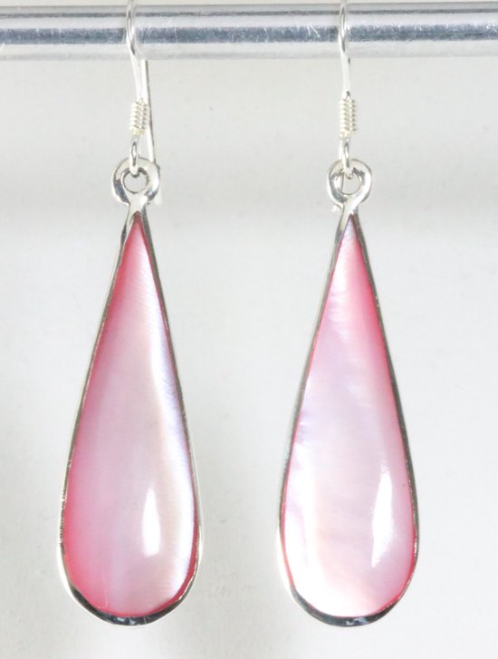 Lange druppelvormige zilveren oorbellen met roze parelmoer afbeelding 1