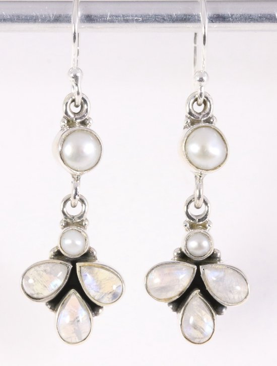 Lange zilveren oorbellen met regenboog maansteen en parel afbeelding 1