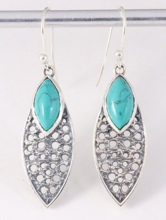 Lange opengewerkte zilveren oorbellen met turkoois afbeelding 1